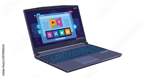 A sleek laptop with a colorful screen and blue backlit keyboard on a plain white background