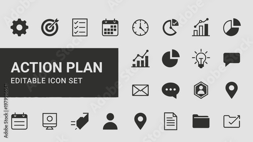 A collection of solid fill icons for action plans and business concepts on a light gray background.