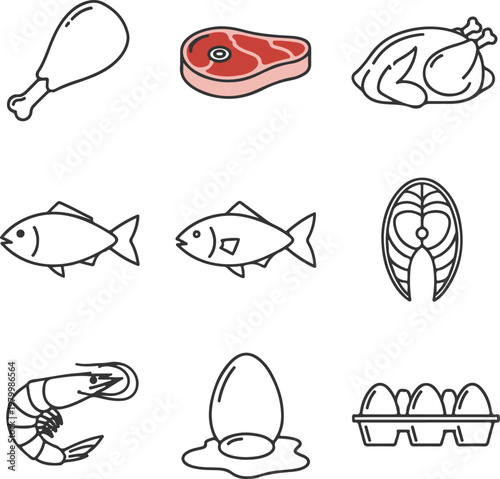 Meat and Seafood Icon Set: High Protein Food Source Vector Illustrations