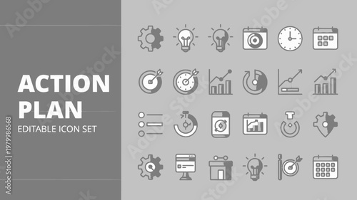 A monochrome icon set with blue accents for action plans on a striped light gray background.