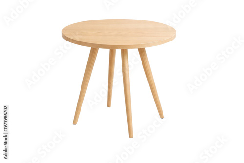 Minimalist wooden round side table, Scandinavian light oak coffee table with tripod legs, modern circular end table for interior home decor isolated PNG with Transparent Background