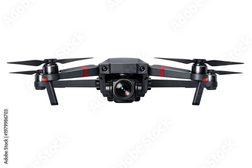 Modern black quadcopter drone with 4k camera, professional aerial photography equipment, remote controlled aircraft for surveillance and filming isolated PNG with Transparent Background
