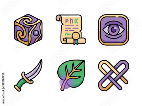 Set of six magical fantasy items and mystic symbols illustration.