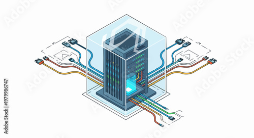 Isometric Data Server Rack in Glass Cube with Connecting Network Cables