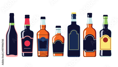 Diverse collection of liquor and wine glass bottles in various shapes and colors with stylish labels and caps in a flat design.