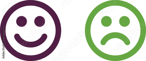 Purple smiling and green frowning circular emoticons representing positive and negative feedback for customer service evaluation