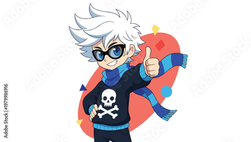Anime style boy with white hair and glasses gives a thumbs up while wearing a skull sweater and a blue scarf.