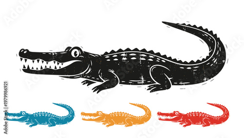 Stylized crocodile illustration in black white blue orange and red colors features a distressed woodcut texture effect.