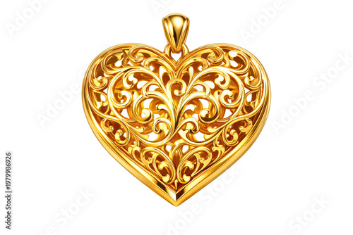 Vintage gold heart pendant with intricate filigree, ornate yellow gold jewelry locket, elegant floral scrollwork heart charm for romantic gift isolated PNG with Transparent Background