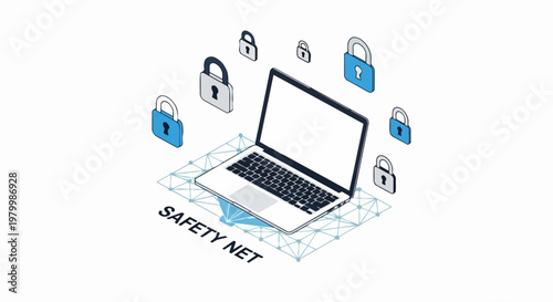 Cybersecurity Safety Net Concept with Laptop and Padlocks Isometric Illustration