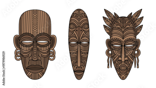 Three different african tribal masks carved from wood display intricate patterns and traditional cultural artistic styles.