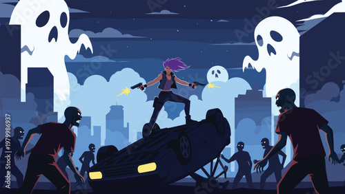 Action packed scene features a purple haired woman fighting zombies and giant ghosts in a dark post apocalyptic city setting.