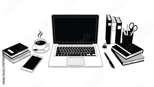 Top view of a clean black and white workspace features a laptop smartphone coffee cup books and stationery for productivity.