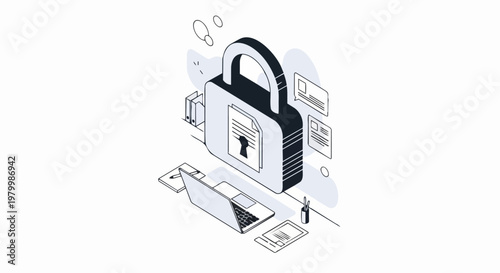 Isometric Cybersecurity and Data Protection Illustration with Padlock, Laptop, and Secure Documents for Digital Privacy and Information Security