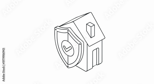 Isometric House with Protection Shield Icon Line Art for Home Security and Insurance Concepts