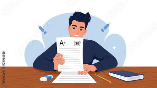Happy male student smiles as he holds up his test results showing a perfect A+ grade sitting at a wooden study desk.