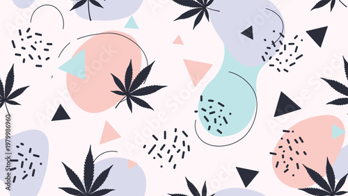 Memphis style pattern featuring cannabis leaves and abstract geometric shapes in soft pastel colors provides a trendy background.
