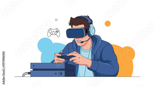 Male gamer enjoys an immersive virtual reality experience with a headset and controller at his modern gaming desk setup.