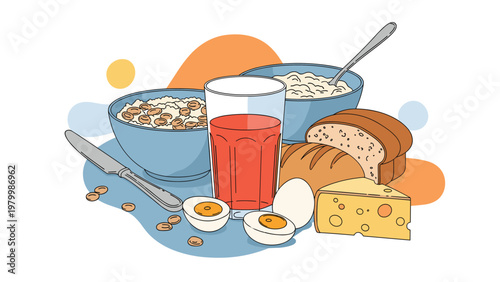 Traditional breakfast meal includes cereal porridge eggs bread cheese and juice in a colorful and healthy morning setup.