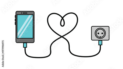Charging cable connects a smartphone to a wall socket while forming a heart shape symbolizing love for technology and connectivity.