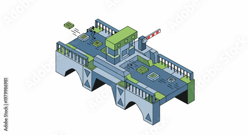 Isometric 3D Illustration of a Modern Road Bridge with Security Checkpoint, Toll Booth, and Automated Gate for Transportation Logistics