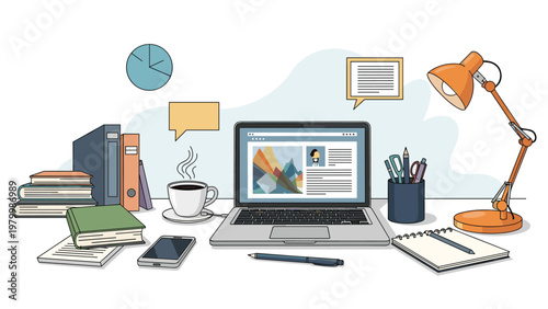 Business workspace with laptop computer, stationery, desk lamp, coffee, and abstract infographic elements like charts and speech bubbles.