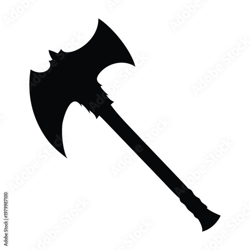 Black battle-axe silhouette, medieval weapon icon, double-edged axe head, Gothic-style handle
