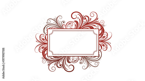Elegant decorative border featuring intricate swirling flourishes and vine-like patterns in a classic dark red color on a white background.