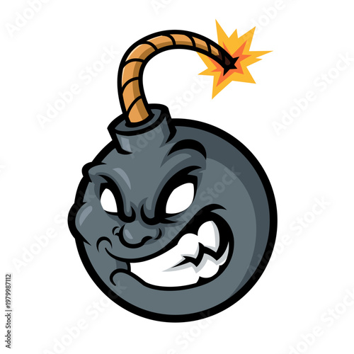 Aggressive Bomb Character Mascot with Burning Fuse and Angry Expression