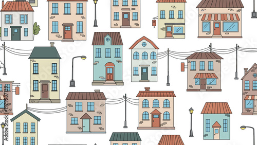 Seamless pattern featuring a variety of colorful small houses, street lamps, and power lines arranged in a charming neighborhood town setting.