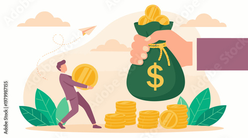 Business Success and Financial Growth with Man, Coins, and Money Bag