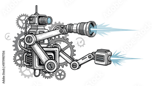 Retro mechanical robot machine with intricate gears and protruding nozzles emitting blue energy beams on a white backdrop.
