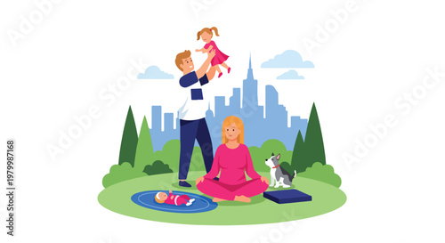 Happy family relaxing in city park vector illustration, mother practicing yoga with father playing with children, urban outdoor leisure activity