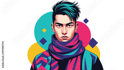 Vibrant portrait of a young man with bright teal hair wearing a colorful scarf against abstract geometric shapes.