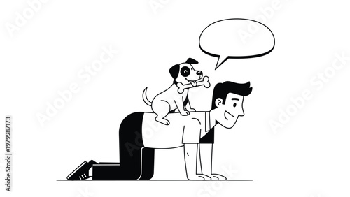 Humorous line art illustration of a man on all fours with a happy dog on his back holding a bone in its mouth.