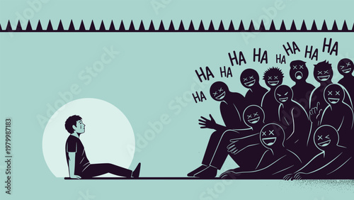 Silhouette of a lonely person sitting on the floor while a group of shadowy figures mock and laugh at him in unison.