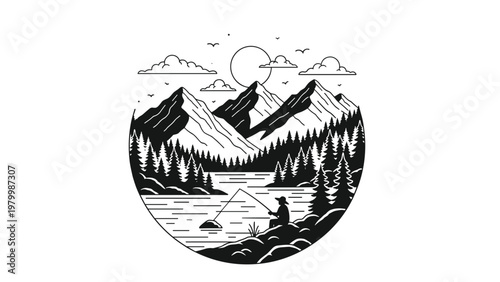 Circular badge illustration of a person fishing in a quiet mountain lake surrounded by dense evergreen pine trees.