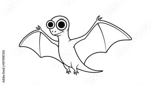 Simple black and white line drawing of a cute baby pterodactyl dinosaur with large eyes and wide open wings in flight.
