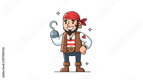 Friendly pirate character with a red bandana and hook hand smiling proudly against a white sparkling backdrop.