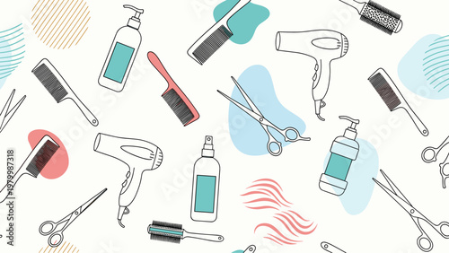 Seamless pattern featuring various hairdressing tools like hair dryers scissors and combs with abstract blue shapes.