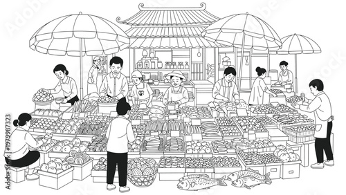Highly detailed black and white line drawing of a bustling traditional marketplace with vendors selling fresh goods.