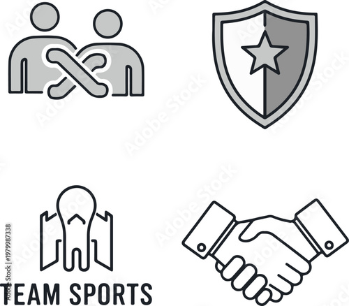 Team Sports and Business Partnership Icon Set: Collaboration and Protection Vectors
