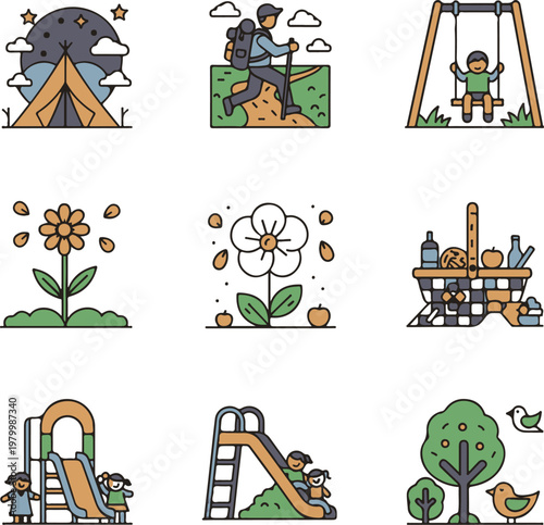 Nature Adventure and Outdoor Lifestyle Illustrations: Camping Tent, Hiker, and Slides