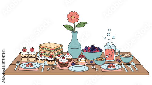 Festive feast on a wooden table featuring sandwiches cupcakes fruit bowls a bubbly drink and a single flower.