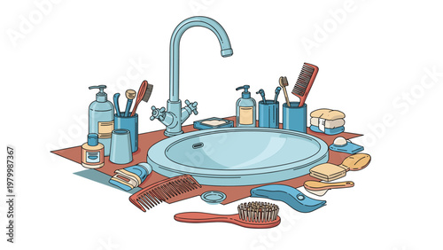 Comprehensive collection of blue bathroom accessories and grooming tools arranged around a stylish sink faucet.