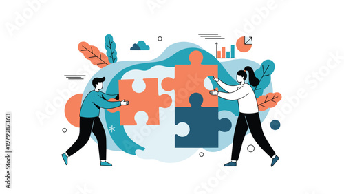 Two creative people are working together to assemble a large jigsaw puzzle with colorful shapes to symbolize teamwork, cooperation, and problem solving.