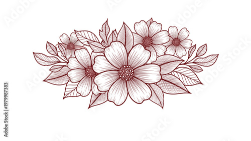Exquisite floral composition in sepia tones featuring large blossoms and detailed leaves in an engraved art style.