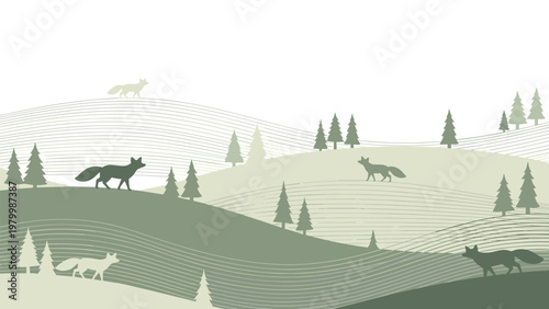 Minimalist landscape illustration shows several foxes roaming through rolling hills and pine forests rendered in a soothing palette of muted greens.