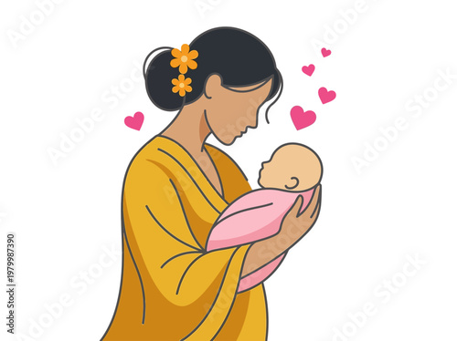 Mother Cradling Her Newborn Baby with Love, Minimalist Vector Illustration of Maternal Bond and Motherhood Concept
