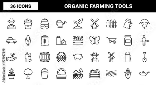Farming and agriculture line icon set with tractor, barn, and livestock